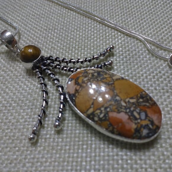 Natural BRECCIATED JASPER & TIGERS EYE Handmade Sterling 925 Pendant/Chain #300C - Picture 1 of 3